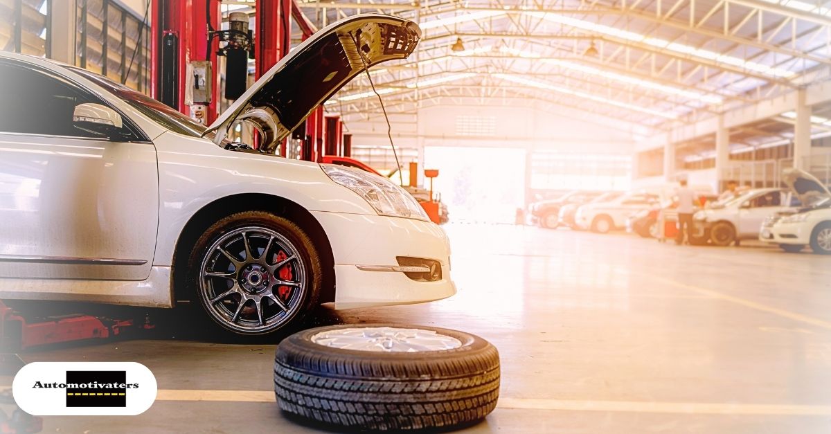 Automotive service shop with technicians working