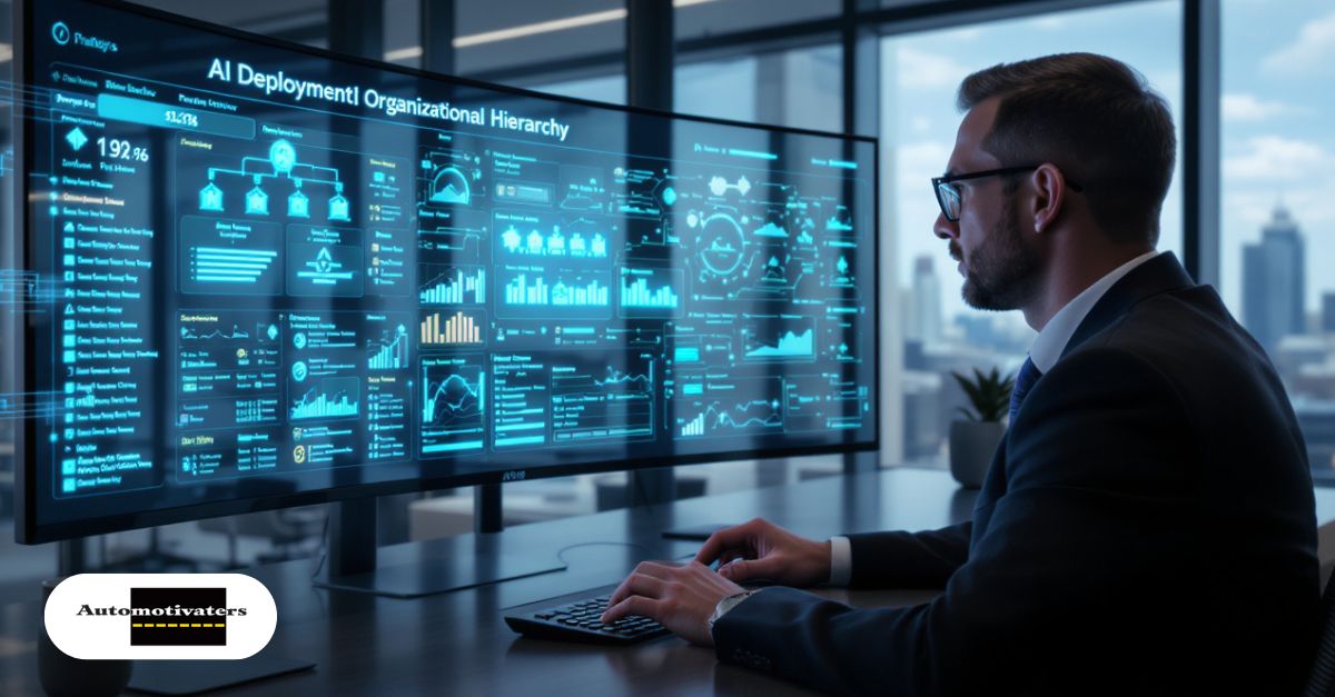 Team leader monitoring AI deployment with analytics and organizational hierarchy controls