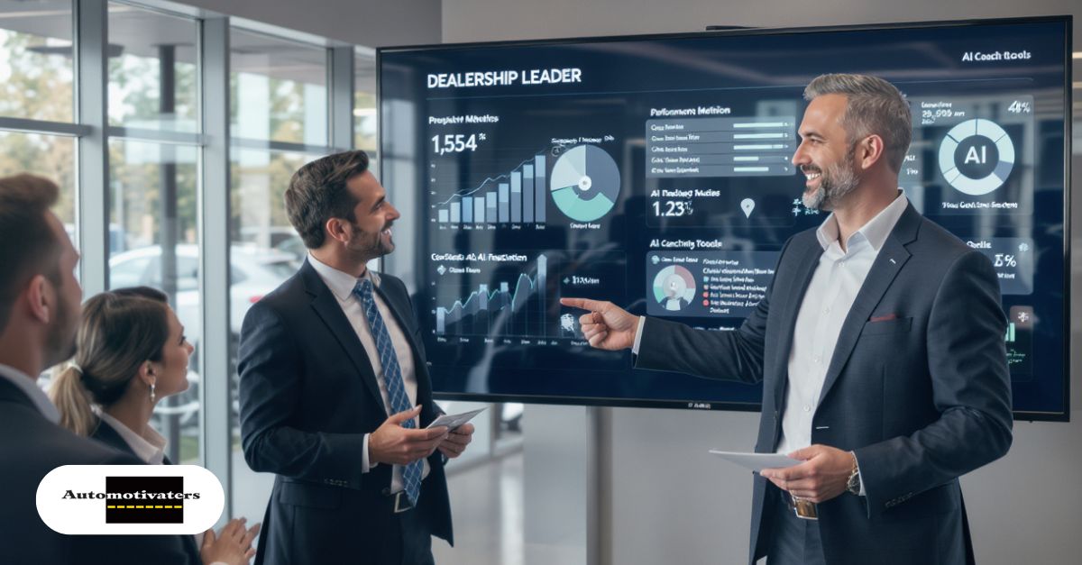 A dealership leader guiding their team with AI-powered training tools on display