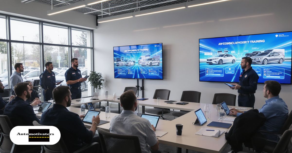 Employees in a car dealership using AI-driven training tools